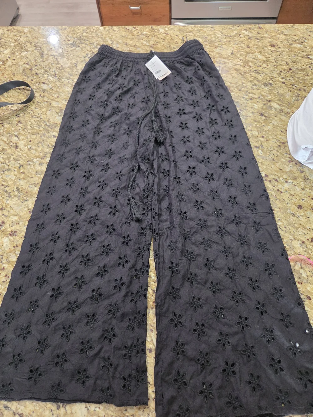 Black Eyelet Wide-Leg Drawstring Swimsuit Cover Pant Tall